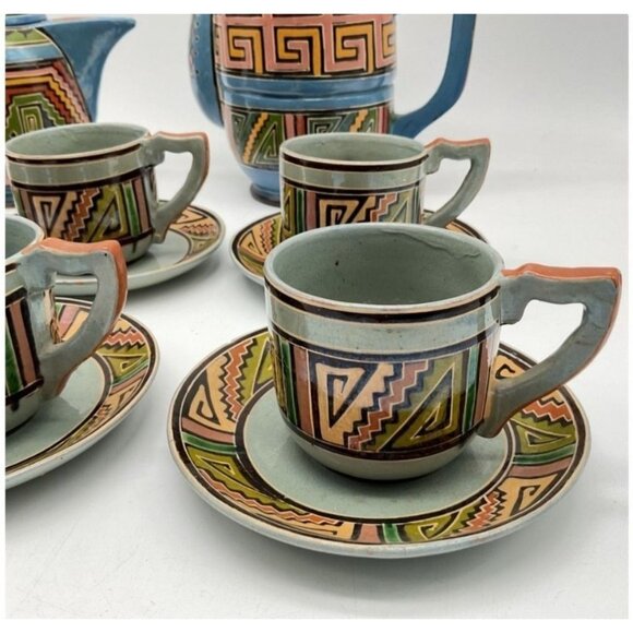 Mid-Century Hand-Painted Mexican Tlaquepaque Pottery Coffee & Tea Set 6 Cups - Picture 3 of 9